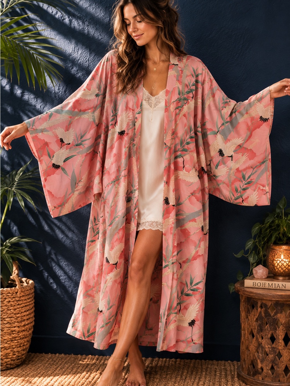 Vintage Juguemm Japanese 100% Cotton Crane Kimono Robe